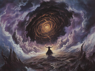 A massive plateau surrounded by swirling storm clouds. At its center, a sorceress with a shimmering electric cloak raises her arms, summoning energy that dances between creation and destruction