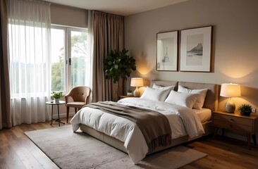 Cozy winter home interior with knitted blankets and pillows