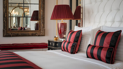 Hotel Bedroom with Red and Black Striped Pillows and Bedding
