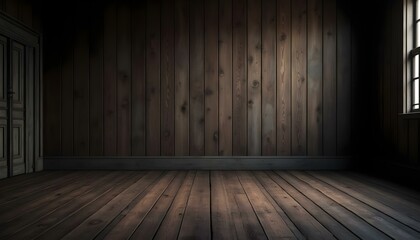 Interior rústico realista con paredes y pisos de madera oscura en habitación vacía
