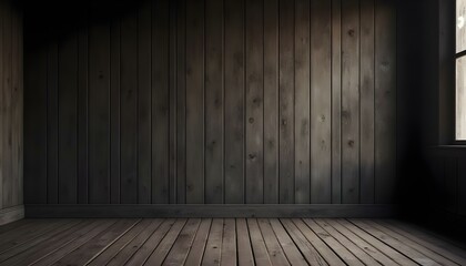 Interior rústico realista con paredes y pisos de madera oscura en habitación vacía