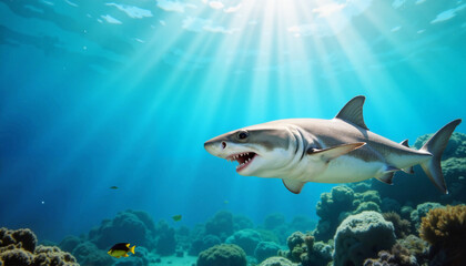 Fototapeta premium Playful baby shark swimming joyfully among coral reefs, ocean serenity
