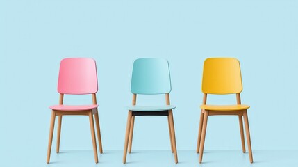 Selecting the Best Candidates for Job Interview with Colorful Chairs Against Soft Blue Background