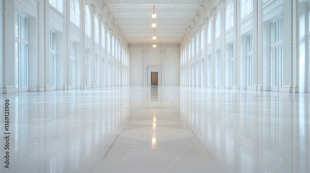 Poster Sound Reverberating Through a Large Empty Room with Elegant Architecture and Reflective Floors