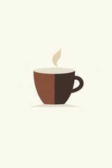 A minimalist illustration of a steaming cup of coffee made with smooth vector lines. The cup is placed centrally on a light beige background. The color scheme uses earthy browns and creamy whites.