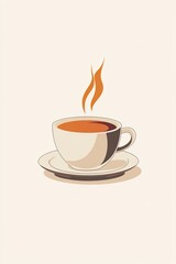Obraz premium A minimalist illustration of a steaming cup of coffee made with smooth vector lines. The cup is placed centrally on a light beige background. The color scheme uses earthy browns and creamy whites.