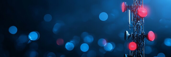 Telecommunication Tower with Red Warning Lights on a Blue Bokeh Background for 5G Network Technology