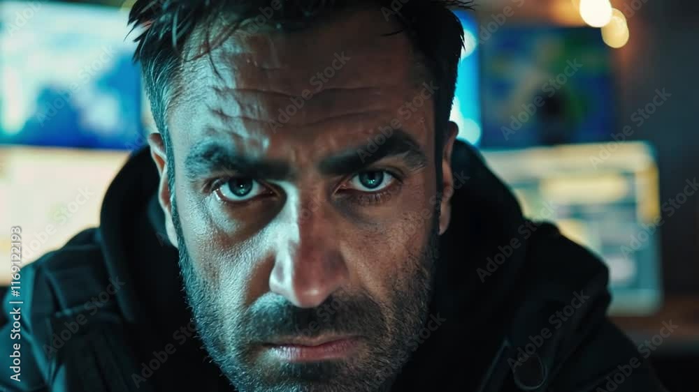 Poster A rugged man sits in front of multiple screens displaying maps and data. He exudes concentration and determination in a dimly lit, high-tech environment filled with digital information.