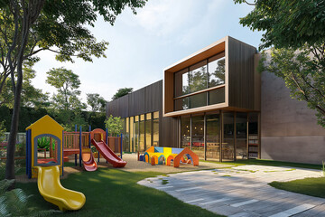 Modern preschool building with playground, colorful slides, and green outdoor area surrounded by trees.