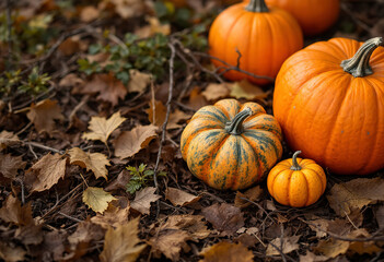 Orange pumpkins on a bed of leaves and twigs, with a rustic, natural background