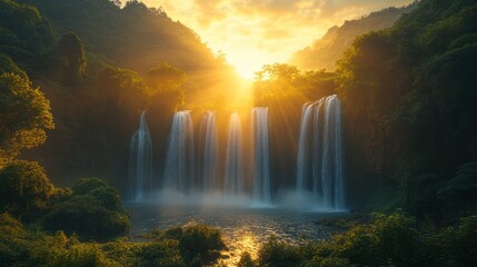 Majestic waterfall at sunrise, golden sunlight illuminating cascading water, lush green foliage.