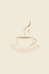 Fototapeta premium A minimalist illustration of a steaming cup of coffee made with smooth vector lines. The cup is placed centrally on a light beige background. The color scheme uses earthy browns and creamy whites.