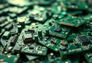 Pile of green circuit boards with electronic components