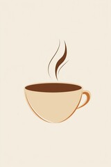 Obraz premium A minimalist illustration of a steaming cup of coffee made with smooth vector lines. The cup is placed centrally on a light beige background. The color scheme uses earthy browns and creamy whites.