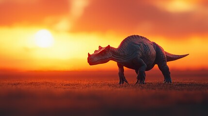 A small dinosaur figurine stands against a vibrant sunset, showcasing a blend of colors and a...