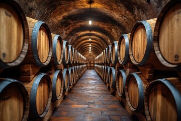 rustic wine barrels arranged neatly in a charming wine cellar showcasing the craftsmanship of french wooden barrels in a cozy atmosphere