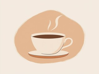 A minimalist illustration of a steaming cup of coffee made with smooth vector lines. The cup is placed centrally on a light beige background. The color scheme uses earthy browns and creamy whites.