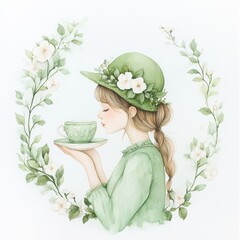 A woman in green with floral elements enjoys a cup of tea, radiating tranquility.