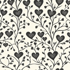 Elegant Black and White Floral Heart Pattern Wallpaper Seamless 300 DPI Design