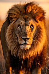 A Mesmerizing Capture of a Majestic Lion in the Golden Savannah at Sunset