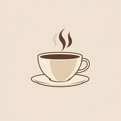 Obraz premium A minimalist illustration of a steaming cup of coffee made with smooth vector lines. The cup is placed centrally on a light beige background. The color scheme uses earthy browns and creamy whites.