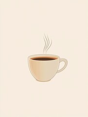 Obraz premium A minimalist illustration of a steaming cup of coffee made with smooth vector lines. The cup is placed centrally on a light beige background. The color scheme uses earthy browns and creamy whites.