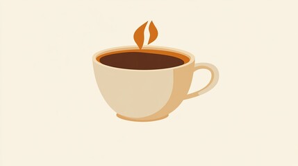 Obraz premium A minimalist illustration of a steaming cup of coffee made with smooth vector lines. The cup is placed centrally on a light beige background. The color scheme uses earthy browns and creamy whites.