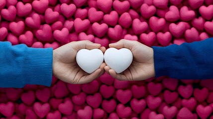 Two hands hold two white hearts against a background of many pink hearts.