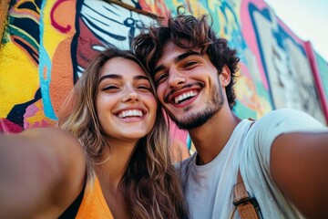 Gen Z couple taking selfies with a smartphone, vibrant street art in the background, playful expressions, bright outdoor lighting