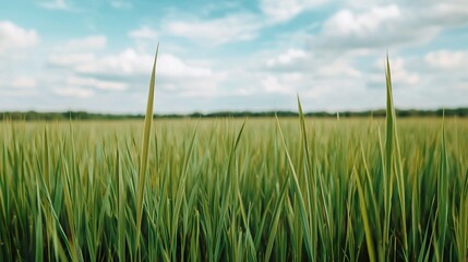Fototapeta premium A vibrant green field of tall grass stretches under a bright blue sky, dotted with fluffy clouds, creating a serene and peaceful landscape.
