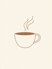 Obraz premium A minimalist illustration of a steaming cup of coffee made with smooth vector lines. The cup is placed centrally on a light beige background. The color scheme uses earthy browns and creamy whites.