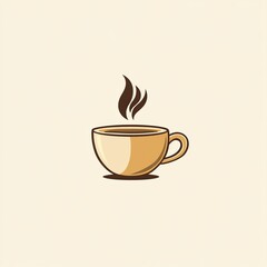 A minimalist illustration of a steaming cup of coffee made with smooth vector lines. The cup is placed centrally on a light beige background. The color scheme uses earthy browns and creamy whites.