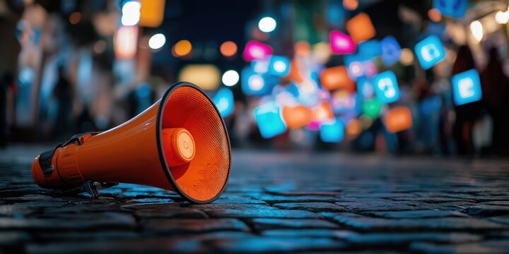 A close-up of an orange megaphone placed on cobblestones, surrounded by blurred icons of communication tools and social media symbols painted in vibrant colours