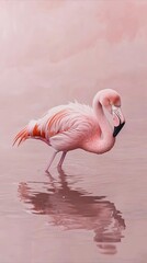 Naklejka premium Pink Flamingo In Shallow Water Reflecting Beauty