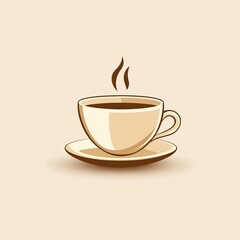 Obraz premium A minimalist illustration of a steaming cup of coffee made with smooth vector lines. The cup is placed centrally on a light beige background. The color scheme uses earthy browns and creamy whites.