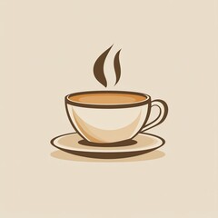 Obraz premium A minimalist illustration of a steaming cup of coffee made with smooth vector lines. The cup is placed centrally on a light beige background. The color scheme uses earthy browns and creamy whites.