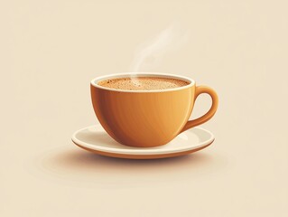 A minimalist illustration of a steaming cup of coffee made with smooth vector lines. The cup is placed centrally on a light beige background. The color scheme uses earthy browns and creamy whites.