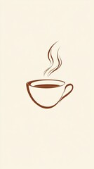 A minimalist illustration of a steaming cup of coffee made with smooth vector lines. The cup is placed centrally on a light beige background. The color scheme uses earthy browns and creamy whites.