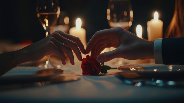 closeup with cropped shot of lovers holding hands over romantic valentine’s day dinner table with wine and red rose. the man gently touches the woman’s fingers.