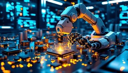 Fototapeta premium Robotic Arm Assembling a Microchip in a Futuristic Industrial Setting