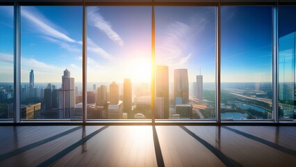 Panoramic window in a room with designer renovation, modern interior. Spacious modern room with a large window, sun rays penetrate the room.