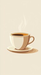 A minimalist illustration of a steaming cup of coffee made with smooth vector lines. The cup is placed centrally on a light beige background. The color scheme uses earthy browns and creamy whites.
