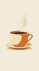 Obraz premium A minimalist illustration of a steaming cup of coffee made with smooth vector lines. The cup is placed centrally on a light beige background. The color scheme uses earthy browns and creamy whites.