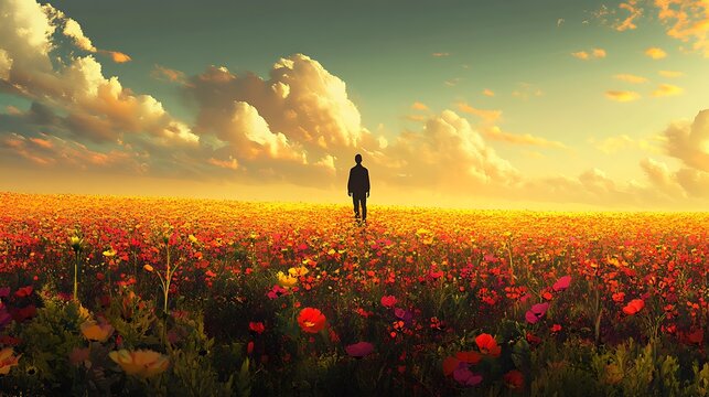 A person standing alone in a vast field of flowers, deep in thought about the direction and meaning of their life. 