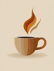 Obraz premium A minimalist illustration of a steaming cup of coffee made with smooth vector lines. The cup is placed centrally on a light beige background. The color scheme uses earthy browns and creamy whites.