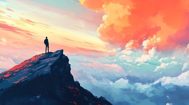 A person standing on a mountaintop, gazing at a vast, open horizon, contemplating the purpose of life. 