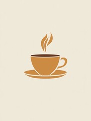 Obraz premium A minimalist illustration of a steaming cup of coffee made with smooth vector lines. The cup is placed centrally on a light beige background. The color scheme uses earthy browns and creamy whites.