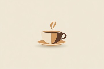 A minimalist illustration of a steaming cup of coffee made with smooth vector lines. The cup is placed centrally on a light beige background. The color scheme uses earthy browns and creamy whites.