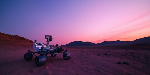 A panoramic view of a sleek, autonomous rover exploring a rocky exoplanet