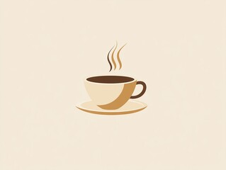 A minimalist illustration of a steaming cup of coffee made with smooth vector lines. The cup is placed centrally on a light beige background. The color scheme uses earthy browns and creamy whites.